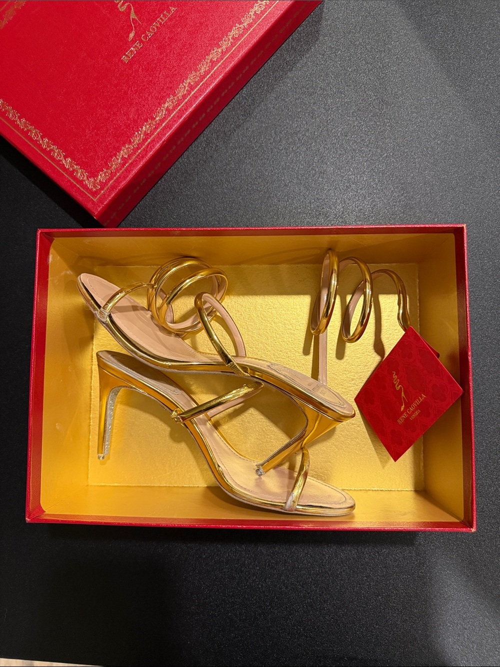 Rene Caovilla Metallic Gold Strappy Stiletto Sandals